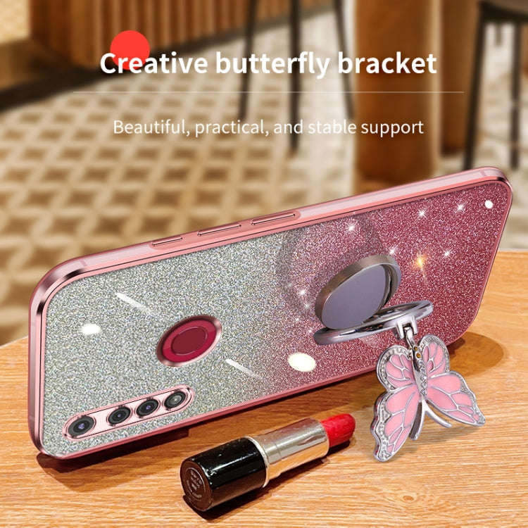 For Motorola Moto G8 Play Plated Gradient Glitter Butterfly Holder TPU Phone Case(Sierra Blue)