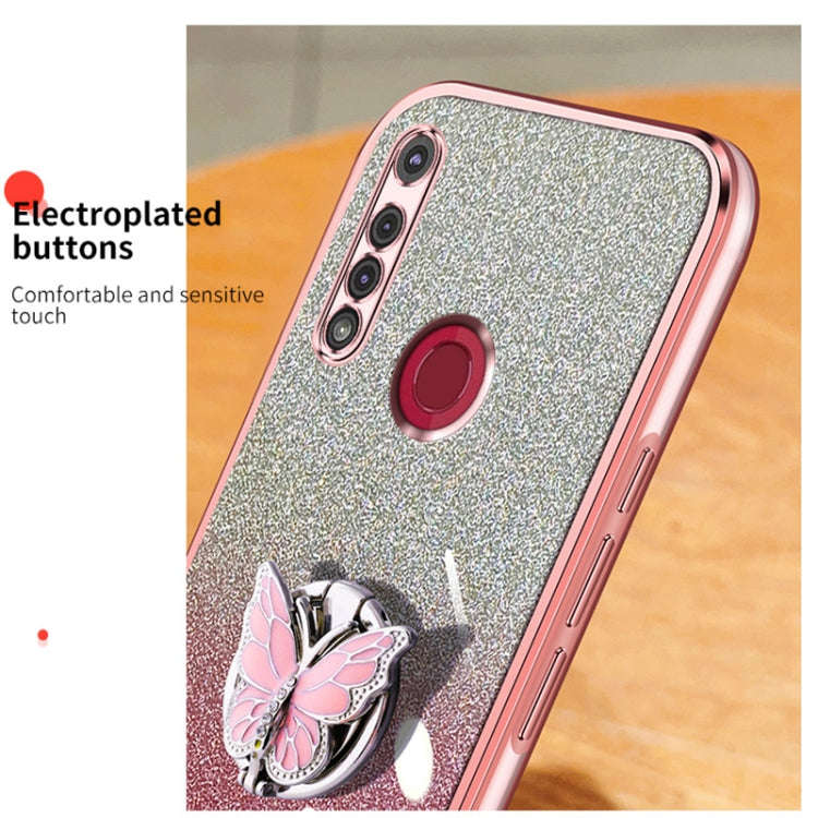 For Motorola Moto G8 Play Plated Gradient Glitter Butterfly Holder TPU Phone Case(Sierra Blue)