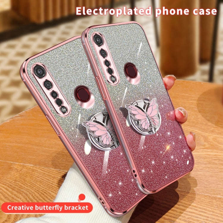 For Motorola Moto G8 Plus Plated Gradient Glitter Butterfly Holder TPU Phone Case(Pink)