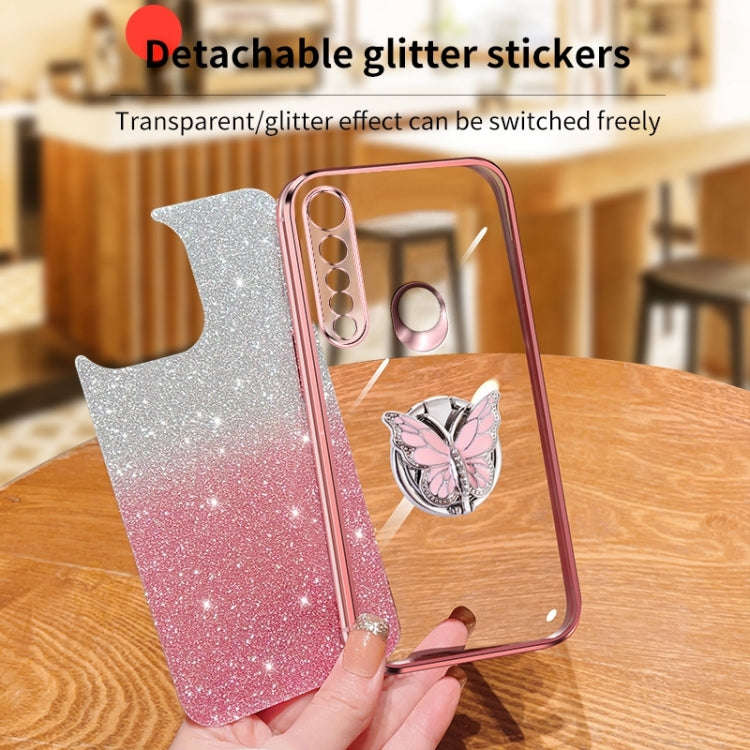 For Motorola Moto G8 Plus Plated Gradient Glitter Butterfly Holder TPU Phone Case(Pink)