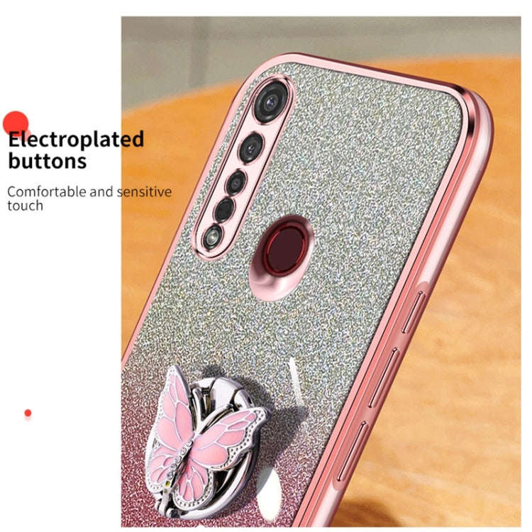 For Motorola Moto G8 Plus Plated Gradient Glitter Butterfly Holder TPU Phone Case(Pink)