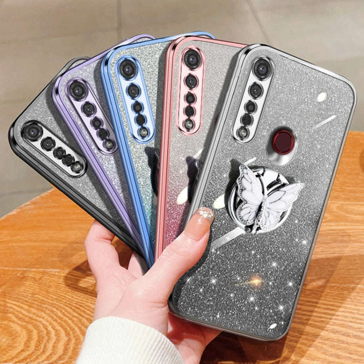 For Motorola Moto G8 Plus Plated Gradient Glitter Butterfly Holder TPU Phone Case(Black)