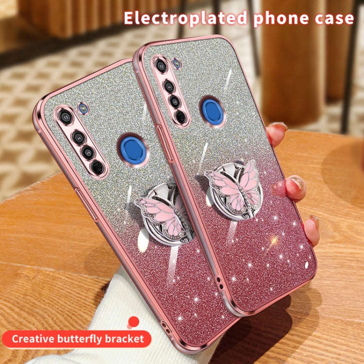 For Motorola Moto G8 Plated Gradient Glitter Butterfly Holder TPU Phone Case(Sierra Blue)
