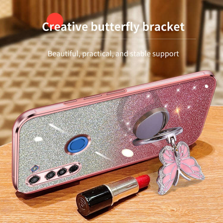 For Motorola Moto G8 Plated Gradient Glitter Butterfly Holder TPU Phone Case(Sierra Blue)