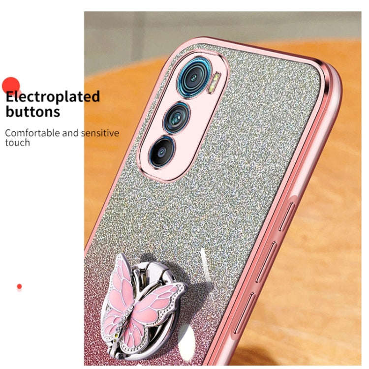 For Motorola Edge 30 Plated Gradient Glitter Butterfly Holder TPU Phone Case(Black)