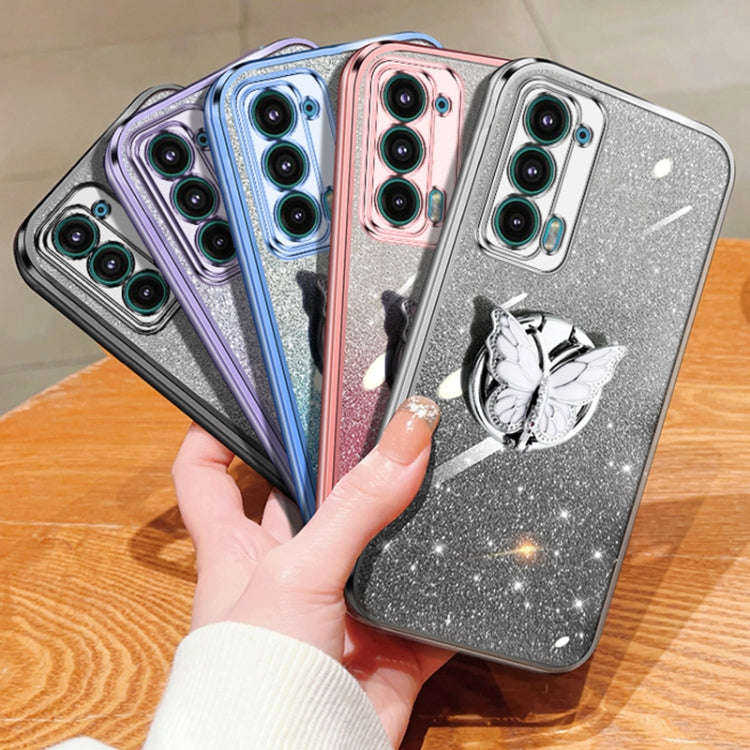 For Motorola Edge 20 Plated Gradient Glitter Butterfly Holder TPU Phone Case(Silver)