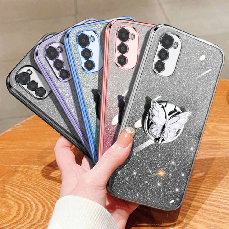 For Motorola Moto E32 Plated Gradient Glitter Butterfly Holder TPU Phone Case(Purple)