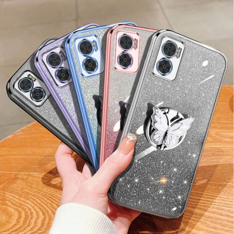 For Motorola Moto E22 / E22i Plated Gradient Glitter Butterfly Holder TPU Phone Case(Silver)