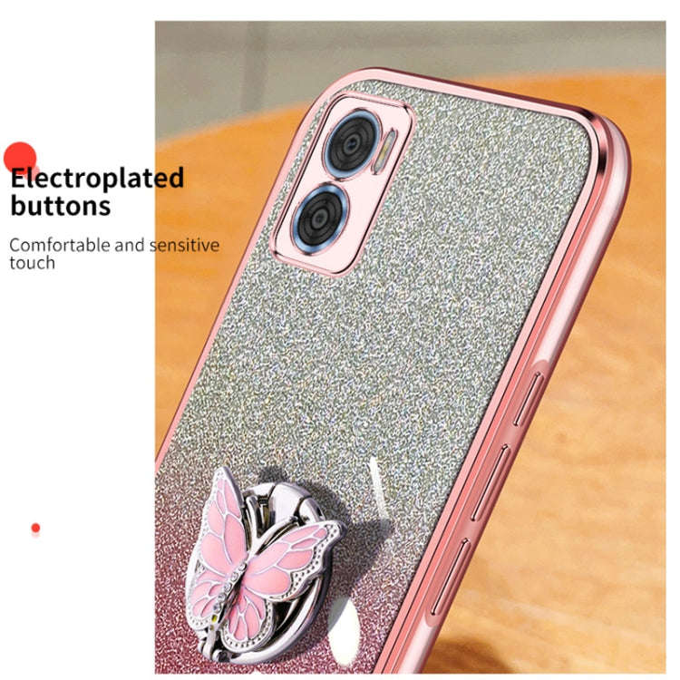 For Motorola Moto E22 / E22i Plated Gradient Glitter Butterfly Holder TPU Phone Case(Silver)