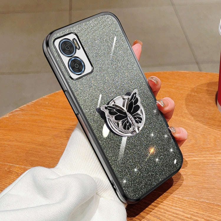 For Motorola Moto E22 / E22i Plated Gradient Glitter Butterfly Holder TPU Phone Case(Black)
