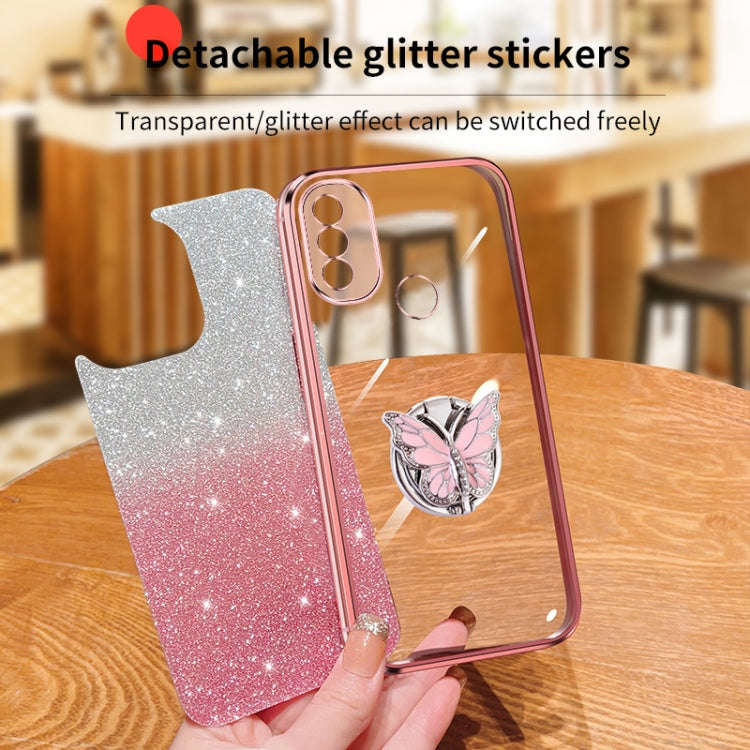 For Motorola Moto E20 Plated Gradient Glitter Butterfly Holder TPU Phone Case(Purple)