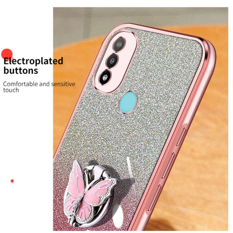 For Motorola Moto E20 Plated Gradient Glitter Butterfly Holder TPU Phone Case(Purple)