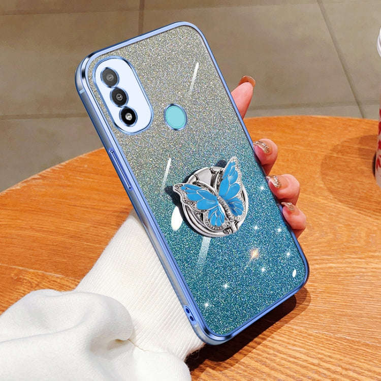 For Motorola Moto E20 Plated Gradient Glitter Butterfly Holder TPU Phone Case(Sierra Blue)