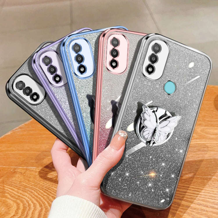 For Motorola Moto E20 Plated Gradient Glitter Butterfly Holder TPU Phone Case(Black)
