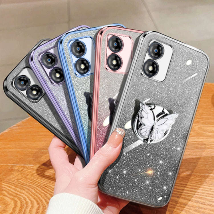 For Motorola Moto E13 Plated Gradient Glitter Butterfly Holder TPU Phone Case(Purple)