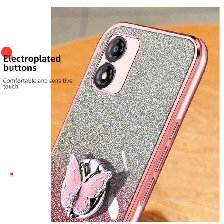 For Motorola Moto E13 Plated Gradient Glitter Butterfly Holder TPU Phone Case(Purple)