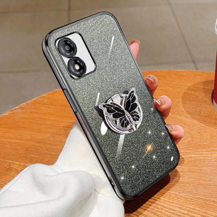For Motorola Moto E13 Plated Gradient Glitter Butterfly Holder TPU Phone Case(Black)