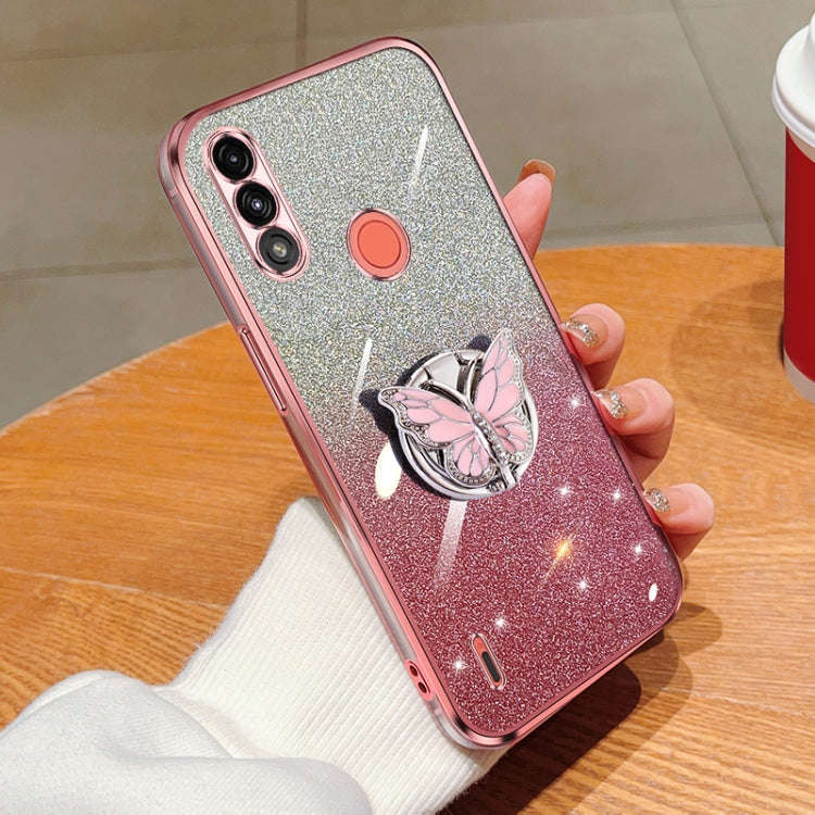For Motorola Moto E7 Power Plated Gradient Glitter Butterfly Holder TPU Phone Case(Pink)