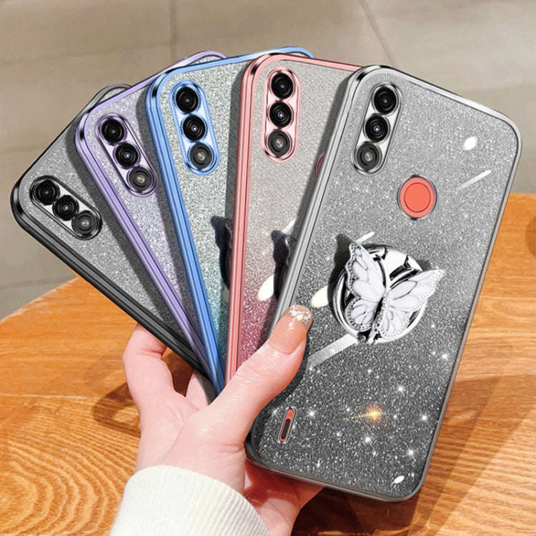 For Motorola Moto E7 Power Plated Gradient Glitter Butterfly Holder TPU Phone Case(Silver)