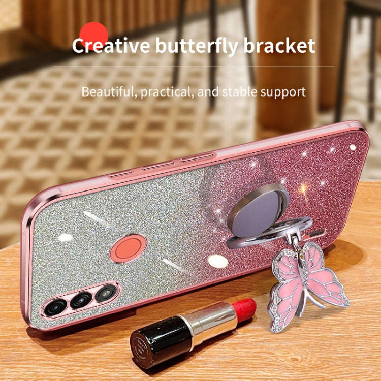 For Motorola Moto E7 Power Plated Gradient Glitter Butterfly Holder TPU Phone Case(Black)