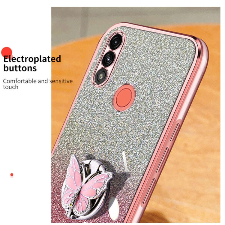 For Motorola Moto E7 Power Plated Gradient Glitter Butterfly Holder TPU Phone Case(Black)