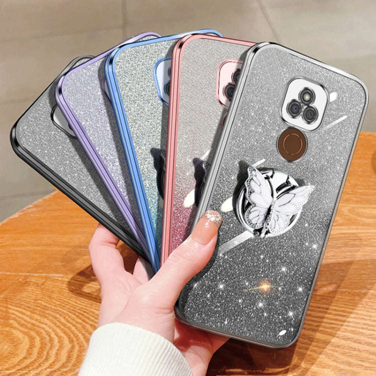 For Motorola Moto E7 Plus Plated Gradient Glitter Butterfly Holder TPU Phone Case(Purple)