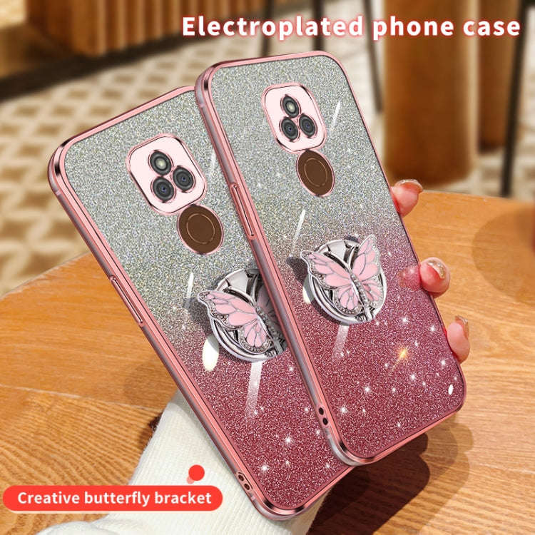 For Motorola Moto E7 Plus Plated Gradient Glitter Butterfly Holder TPU Phone Case(Purple)