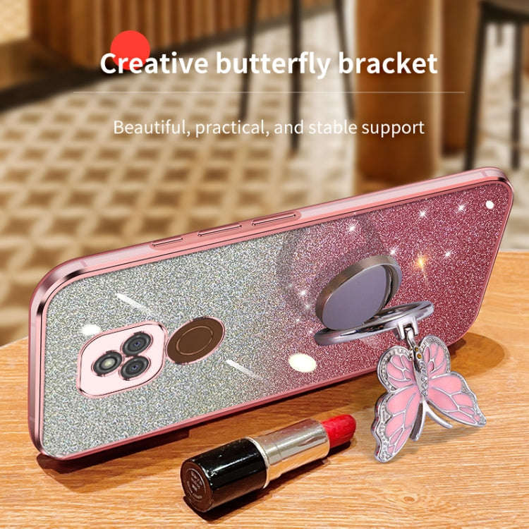For Motorola Moto E7 Plus Plated Gradient Glitter Butterfly Holder TPU Phone Case(Purple)
