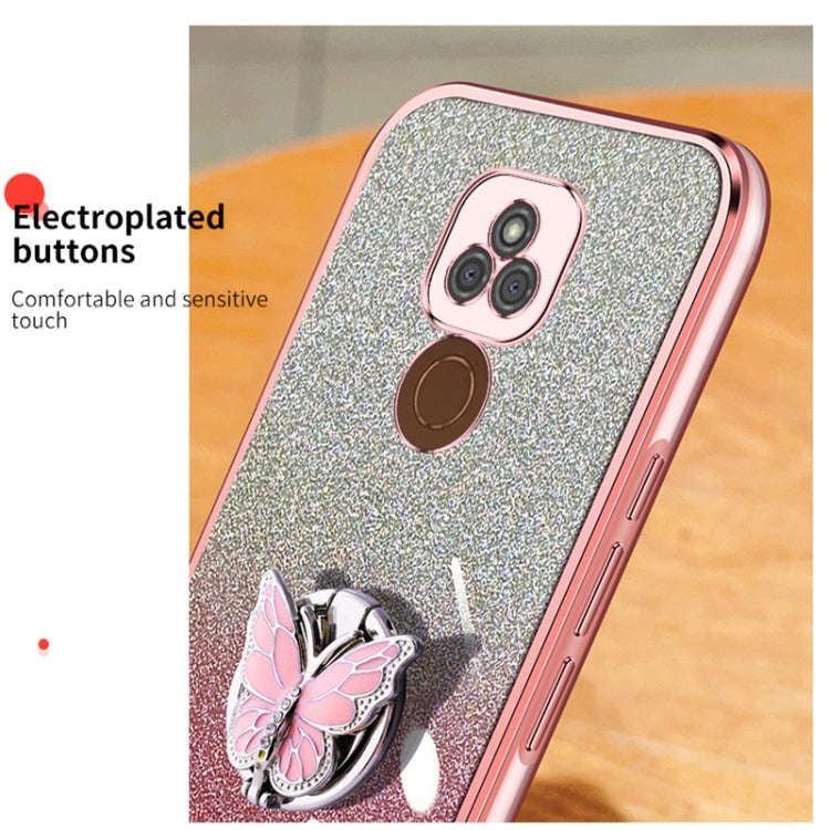 For Motorola Moto E7 Plus Plated Gradient Glitter Butterfly Holder TPU Phone Case(Purple)