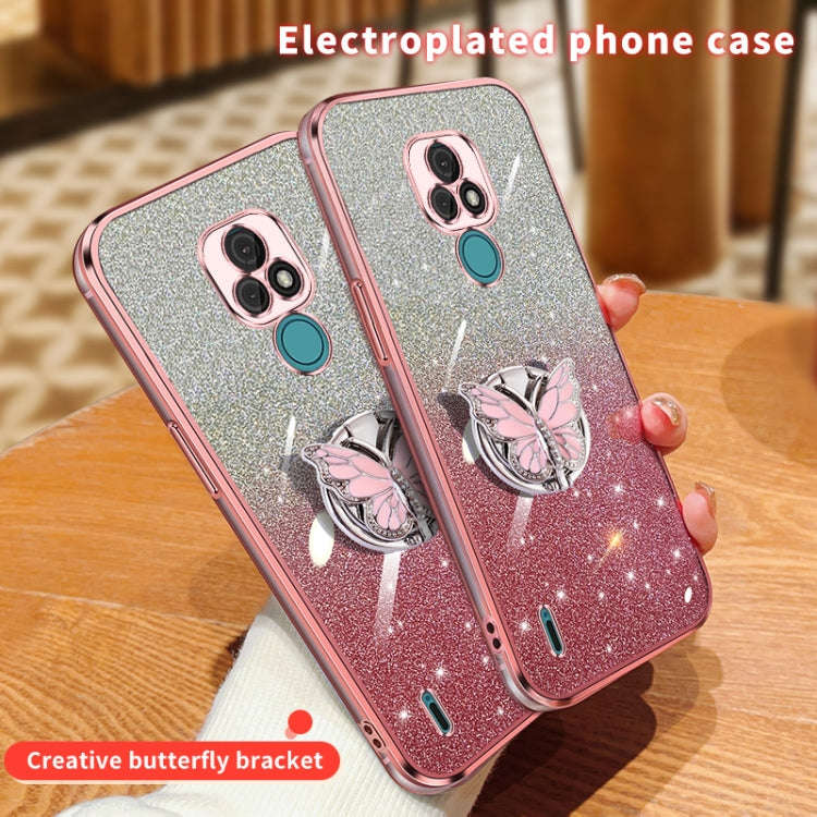 For Motorola Moto E7 Plated Gradient Glitter Butterfly Holder TPU Phone Case(Pink)