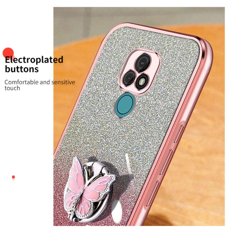 For Motorola Moto E7 Plated Gradient Glitter Butterfly Holder TPU Phone Case(Pink)