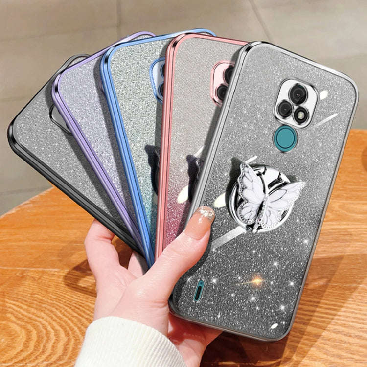 For Motorola Moto E7 Plated Gradient Glitter Butterfly Holder TPU Phone Case(Silver)
