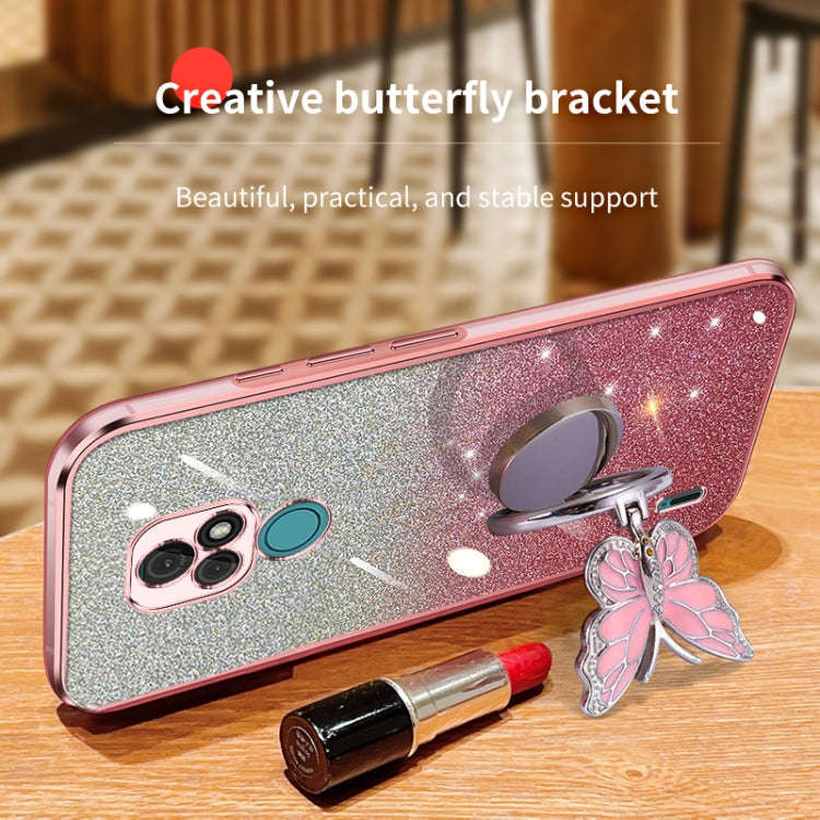 For Motorola Moto E7 Plated Gradient Glitter Butterfly Holder TPU Phone Case(Silver)