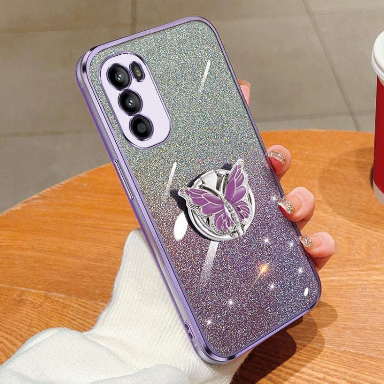 For Motorola Moto G52 Plated Gradient Glitter Butterfly Holder TPU Phone Case(Purple)