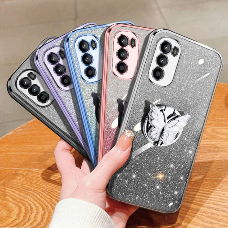 For Motorola Moto G52 Plated Gradient Glitter Butterfly Holder TPU Phone Case(Silver)