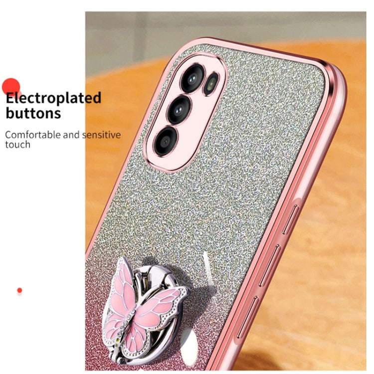 For Motorola Moto G52 Plated Gradient Glitter Butterfly Holder TPU Phone Case(Sierra Blue)