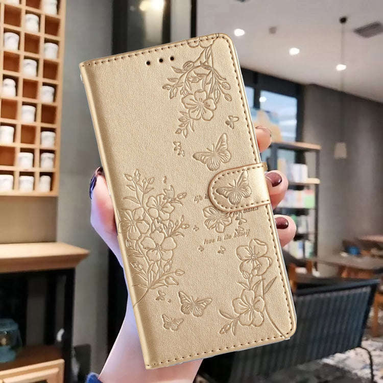 For Motorola Moto E13 Butterflies and Flowers Leather Phone Case(Gold)