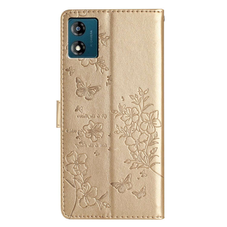 For Motorola Moto E13 Butterflies and Flowers Leather Phone Case(Gold)