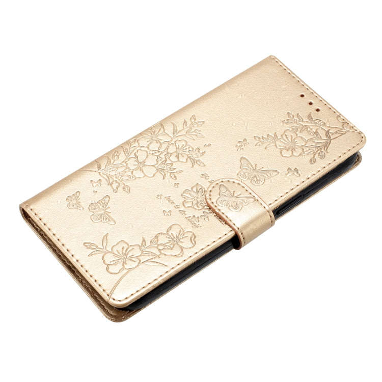 For Motorola Moto E13 Butterflies and Flowers Leather Phone Case(Gold)