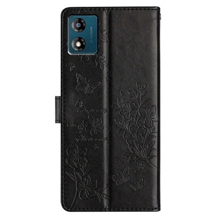 For Motorola Moto E13 Butterflies and Flowers Leather Phone Case(Black)