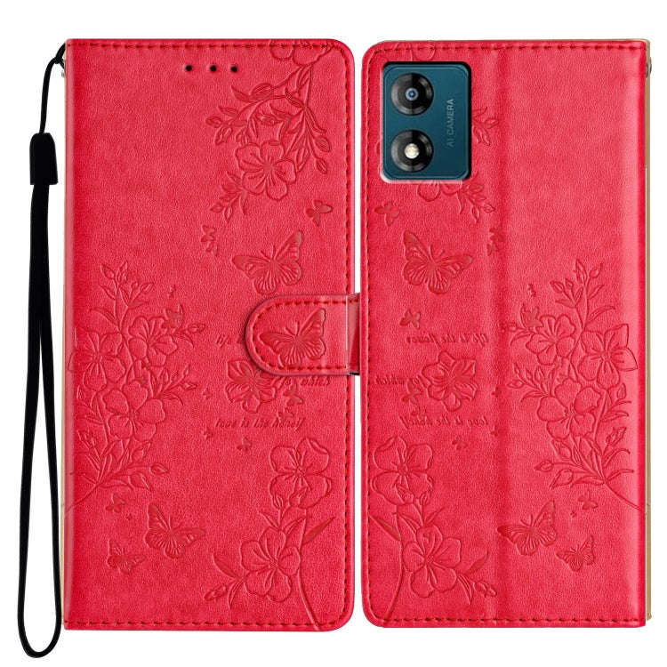 For Motorola Moto E13 Butterflies and Flowers Leather Phone Case(Red)