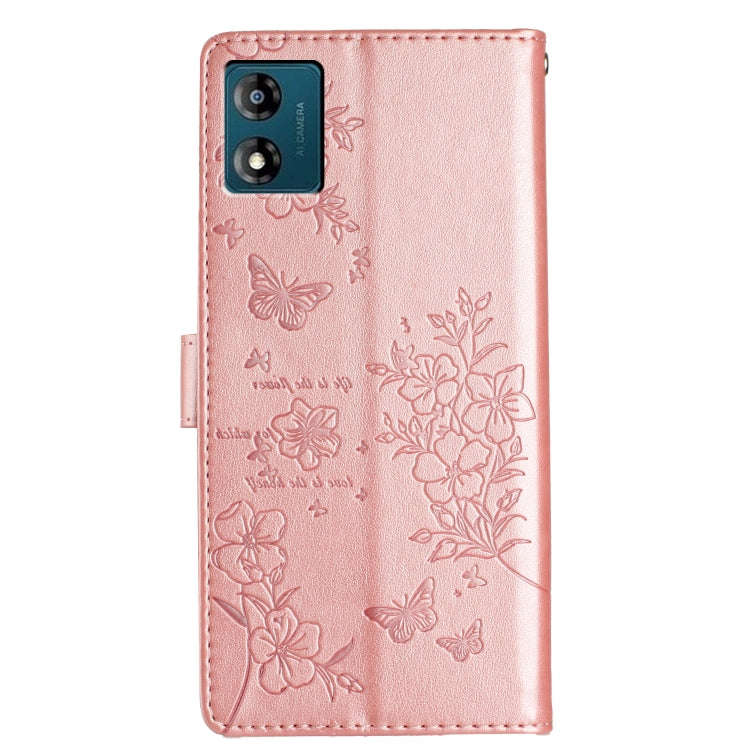 For Motorola Moto E13 Butterflies and Flowers Leather Phone Case(Rose Gold)