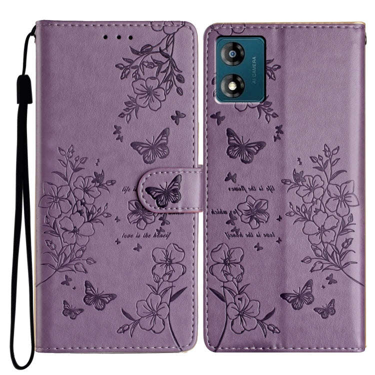 For Motorola Moto E13 Butterflies and Flowers Leather Phone Case(Purple)