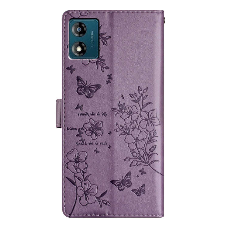 For Motorola Moto E13 Butterflies and Flowers Leather Phone Case(Purple)
