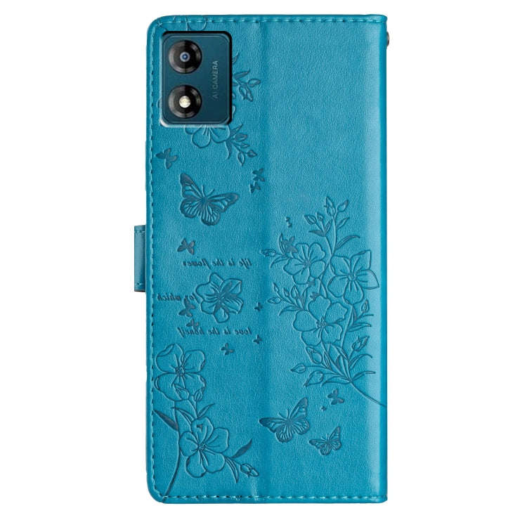 For Motorola Moto E13 Butterflies and Flowers Leather Phone Case(Blue)