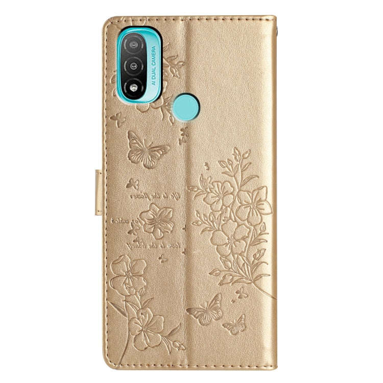 For Motorola Moto E20 / E30 Butterflies and Flowers Leather Phone Case(Gold)