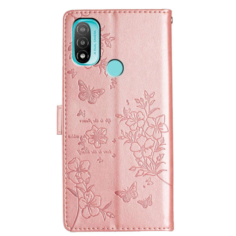 For Motorola Moto E40 Butterflies and Flowers Leather Phone Case(Rose Gold)