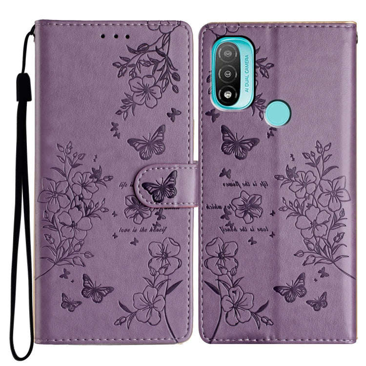 For Motorola Moto E40 Butterflies and Flowers Leather Phone Case(Purple)