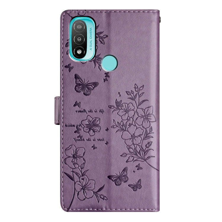 For Motorola Moto E40 Butterflies and Flowers Leather Phone Case(Purple)