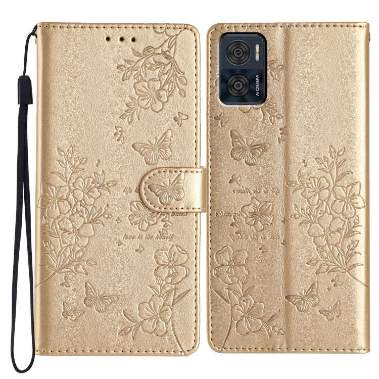 For Motorola Moto E22 Butterflies and Flowers Leather Phone Case(Gold)